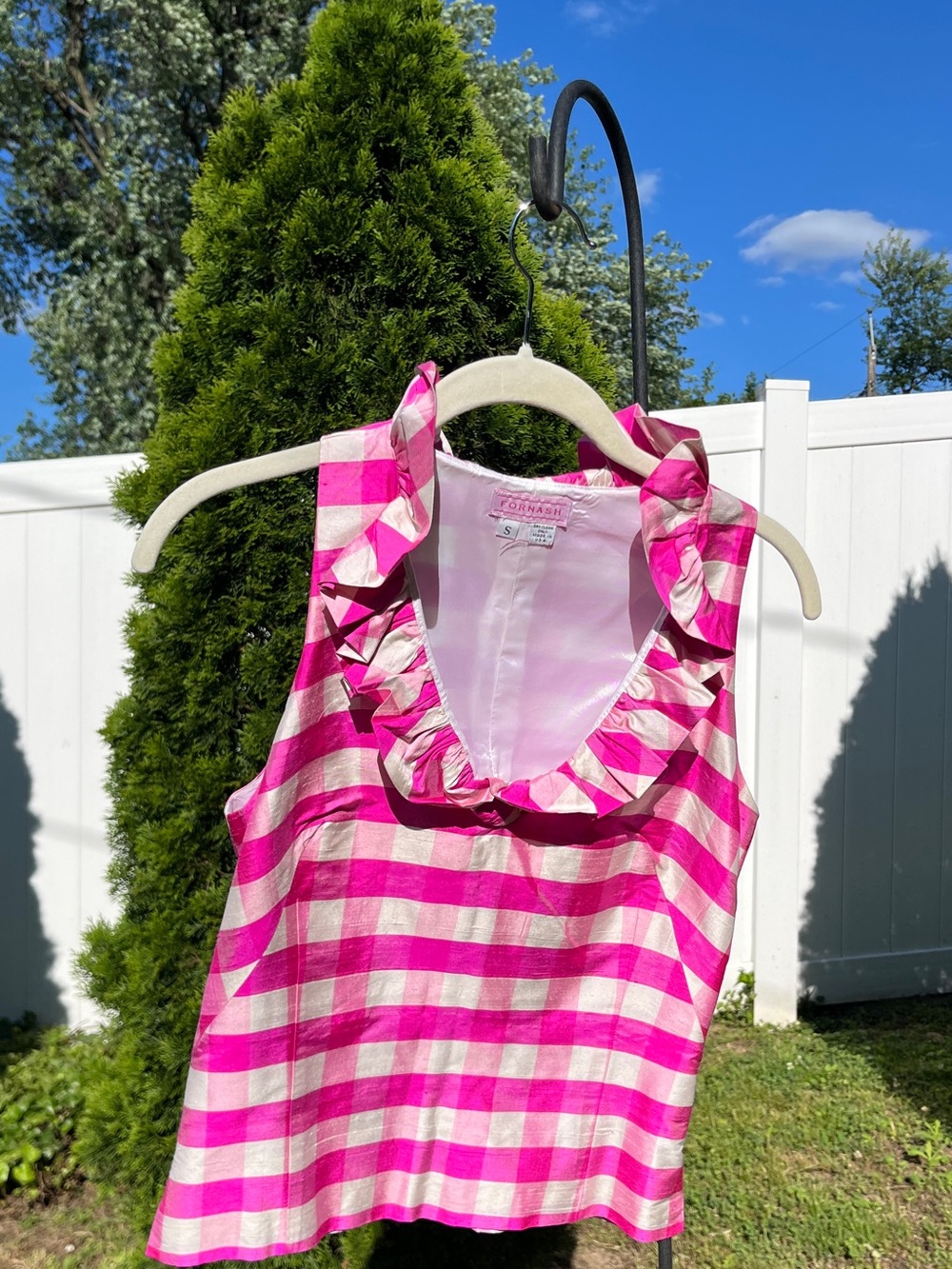 Fornash Pink & White Gingham Silk blend Ruffle V-Neck Tank